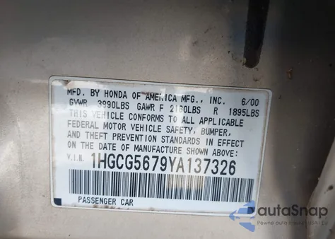 2000 Honda Accord 2.3 Se z USA, uszkodzony, nr VIN 1HGCG5679YA137326